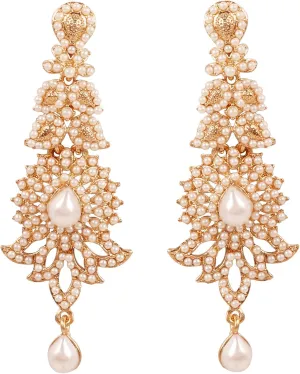 Touchstone "Hollywood Glamour Oscar Collection" Extra Long Chandelier Earrings Indian Paisley Motif Designer Bridal Jewelry In Antique Gold or White Tone for Women.