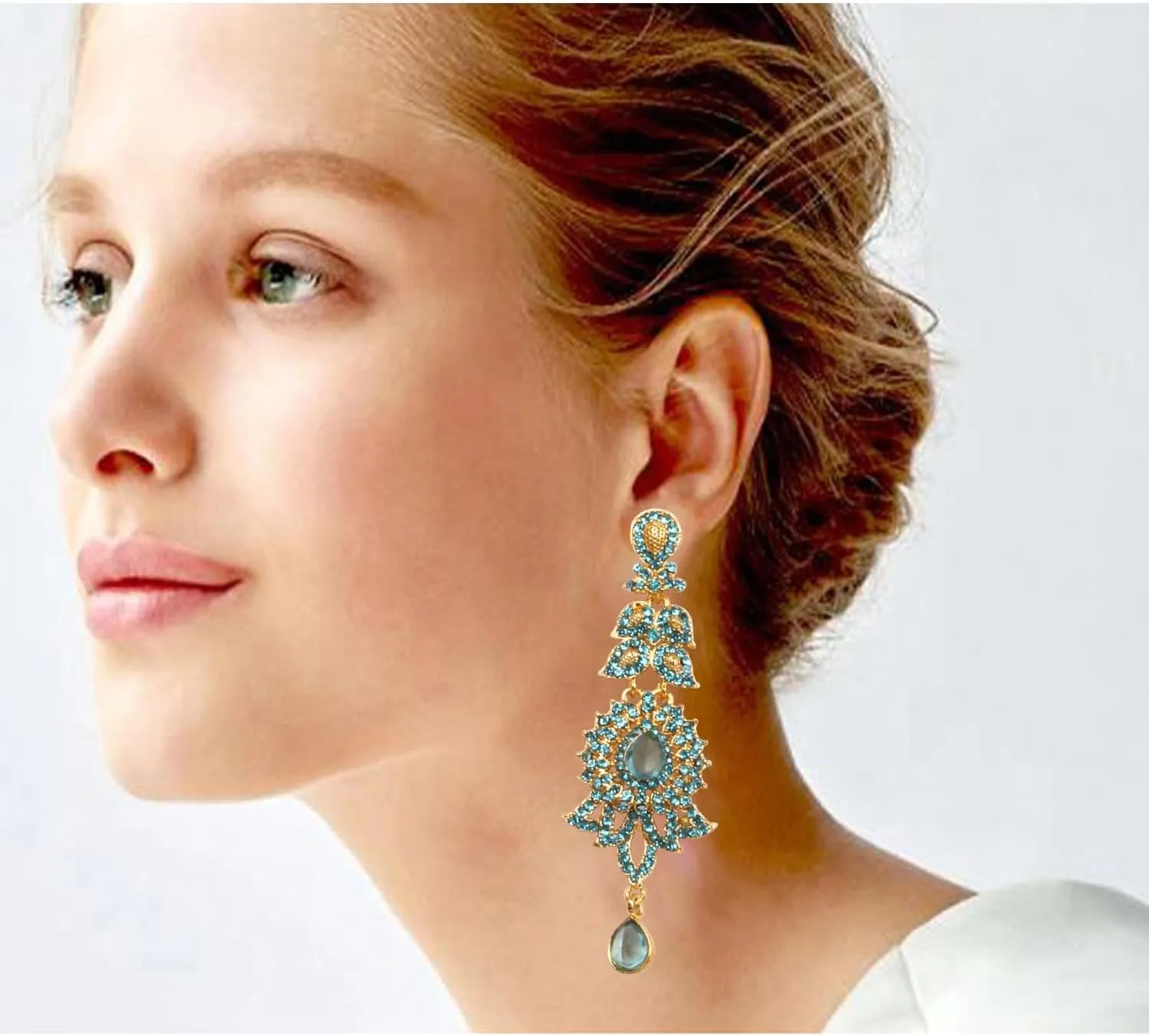 Touchstone "Hollywood Glamour Oscar Collection" Extra Long Chandelier Earrings Indian Paisley Motif Designer Bridal Jewelry In Antique Gold or White Tone for Women.