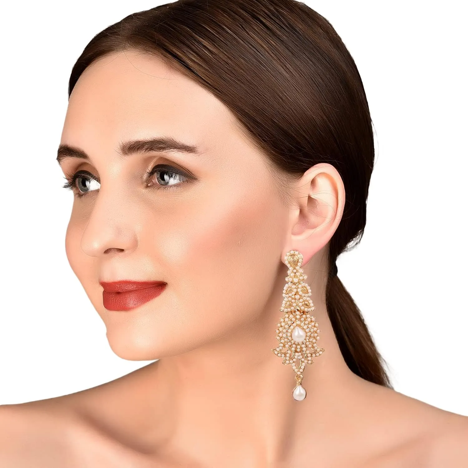 Touchstone "Hollywood Glamour Oscar Collection" Extra Long Chandelier Earrings Indian Paisley Motif Designer Bridal Jewelry In Antique Gold or White Tone for Women.