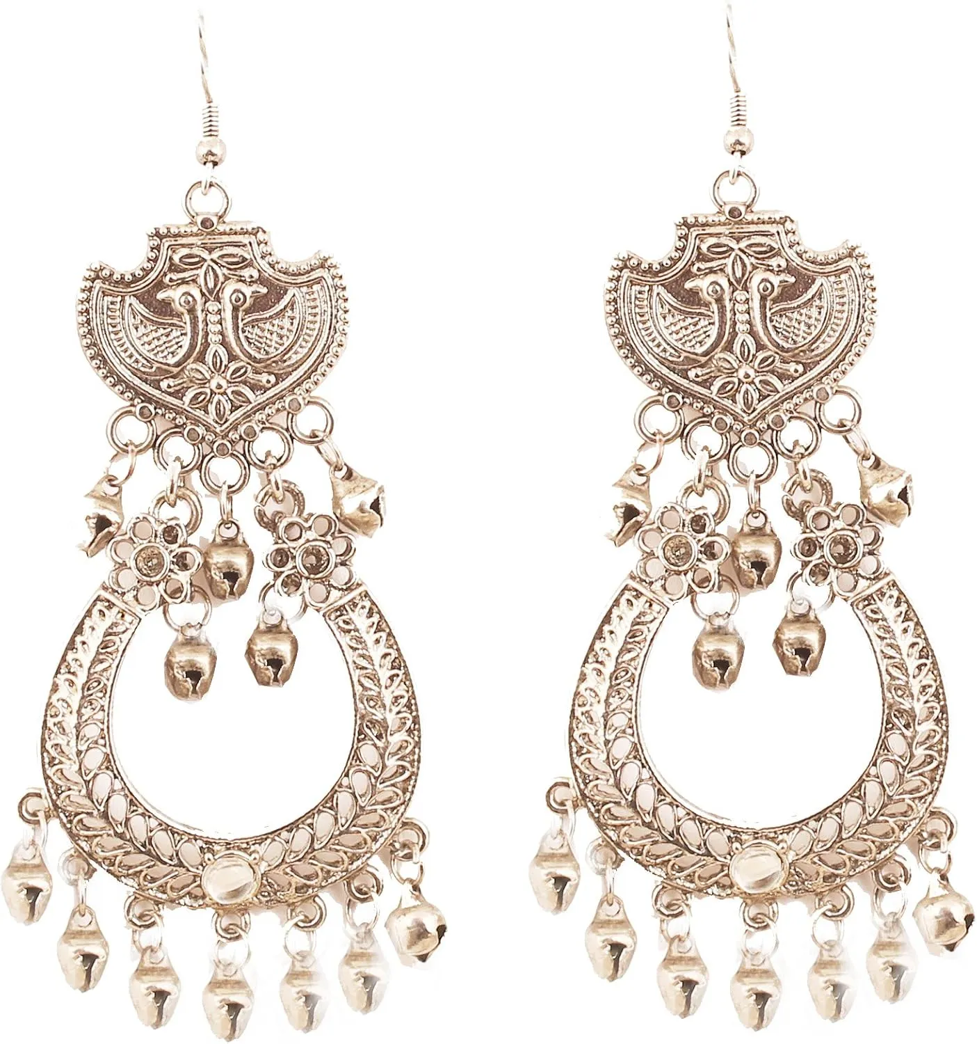 Touchstone"Tribal Bohemian" Indian Bollywood Ethnic Hangings Designer Jewelry Long Chandelier Earrings In Antique Gold Or White Tone For Women.