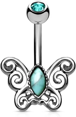 Turquoise Centered Filigree Butterfly 316L Surgical Steel WildKlass Belly Button Navel Rings (Steel)