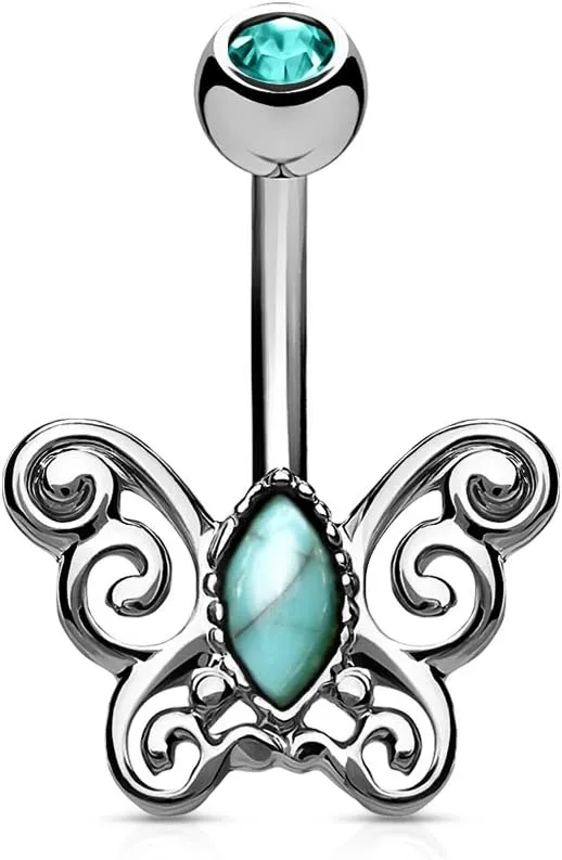 Turquoise Centered Filigree Butterfly 316L Surgical Steel WildKlass Belly Button Navel Rings (Steel)