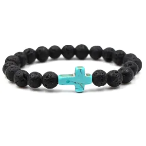 Turquoise Cross Beads Bracelet for Men Women Healing Lava Stone Essential oil diffuser Turquoise Cross Stretch Bracelets (Style - 1)