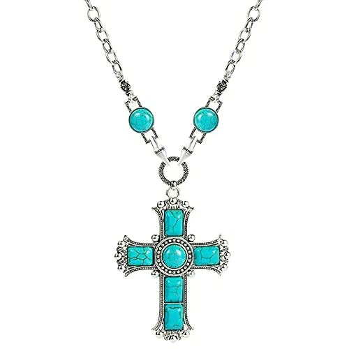Turquoise Cross Necklace for Women Men Handmade Bohemian Healing Stone Necklace Good Luck Silver Pendant Necklaces Vintage Country Western Ethnic Jewelry (Blue)