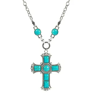 Turquoise Cross Necklace for Women Men Handmade Bohemian Healing Stone Necklace Good Luck Silver Pendant Necklaces Vintage Country Western Ethnic Jewelry (Blue)
