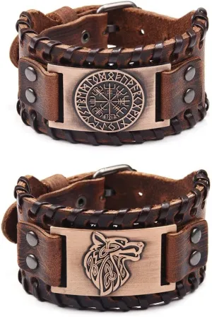 TURTLEDOVE 2 Piece Viking Bracelets - Viking Wolf Fenrir - Norse Vegvisir Scandinavian Amulet