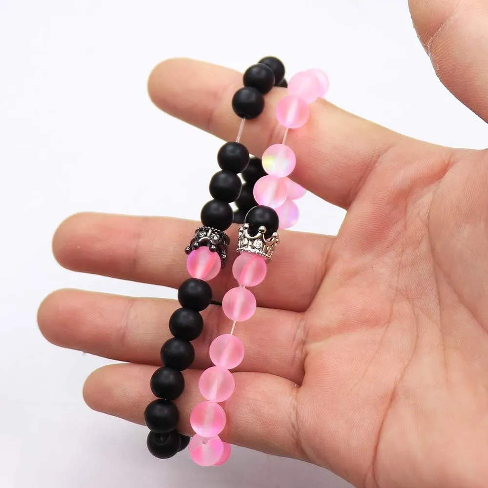 UEUC King&Queen Crown Distance Couple Bracelets His and Her Friendship 8mm Beads Bracelet