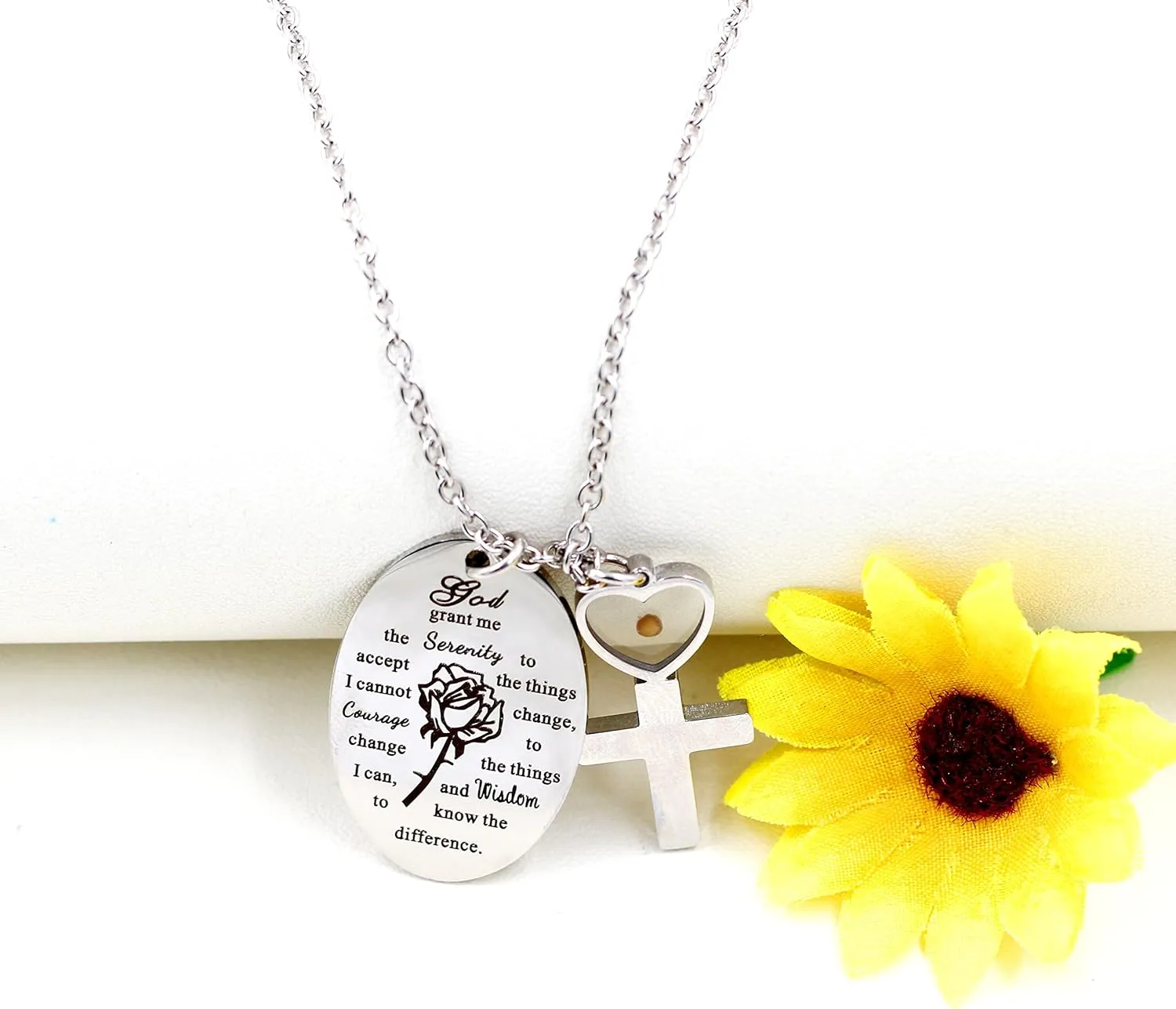 Uloveido Inspirational God Grant Me Serenity Prayer Necklace Oval Pendant Religious Courage Jewelry with Mustard Seed Y827