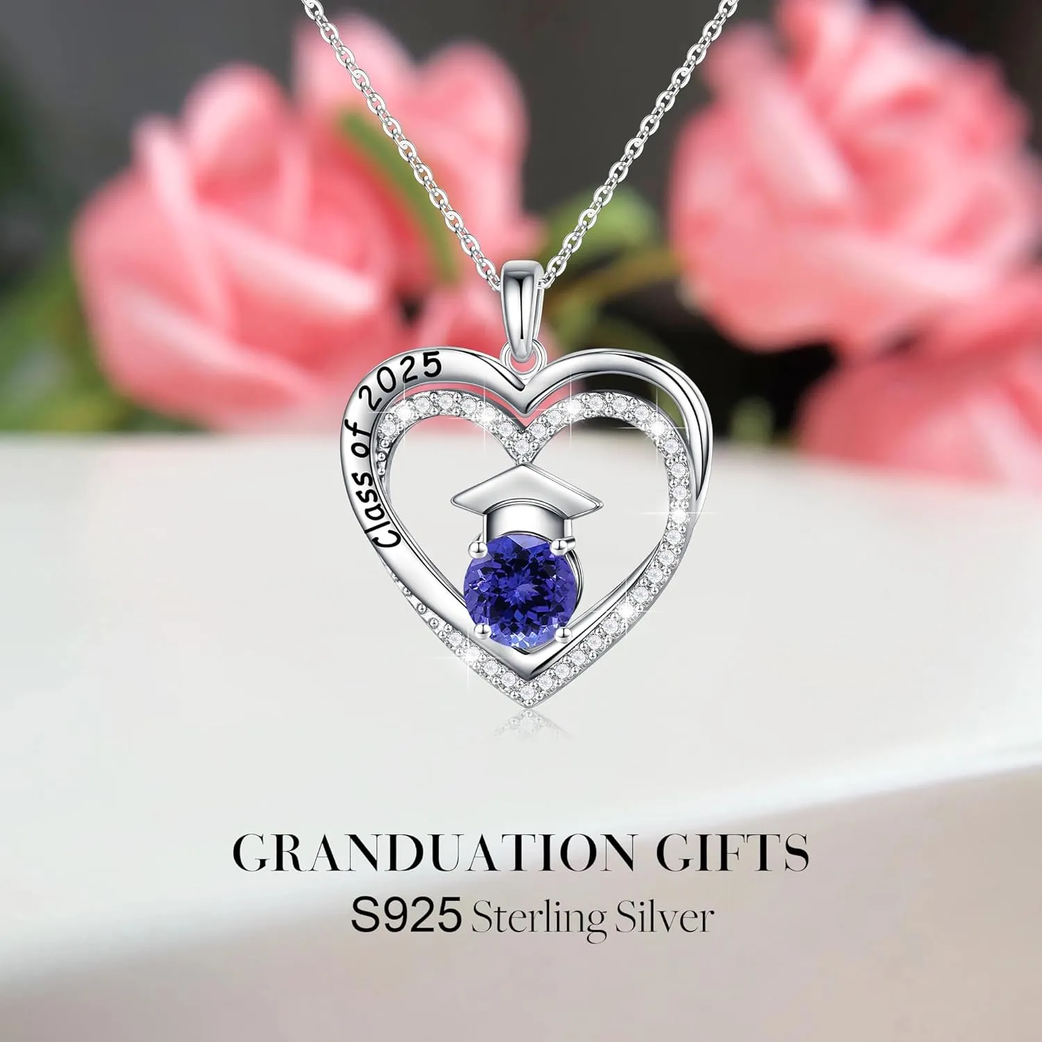 Ursilver Graduation Gifts for Her 2025, S925 Sterling Silver Birthstone Necklace Engraved Class of 2025 Pendant Necklaces College Graduation Gifts for Her