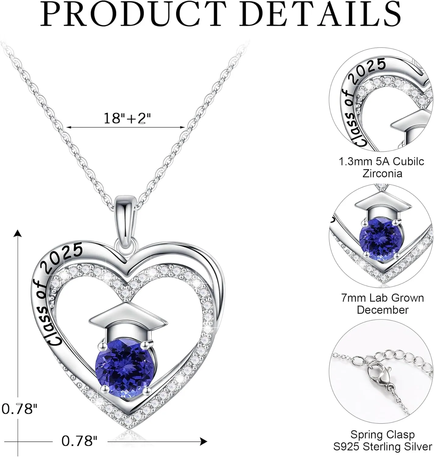 Ursilver Graduation Gifts for Her 2025, S925 Sterling Silver Birthstone Necklace Engraved Class of 2025 Pendant Necklaces College Graduation Gifts for Her