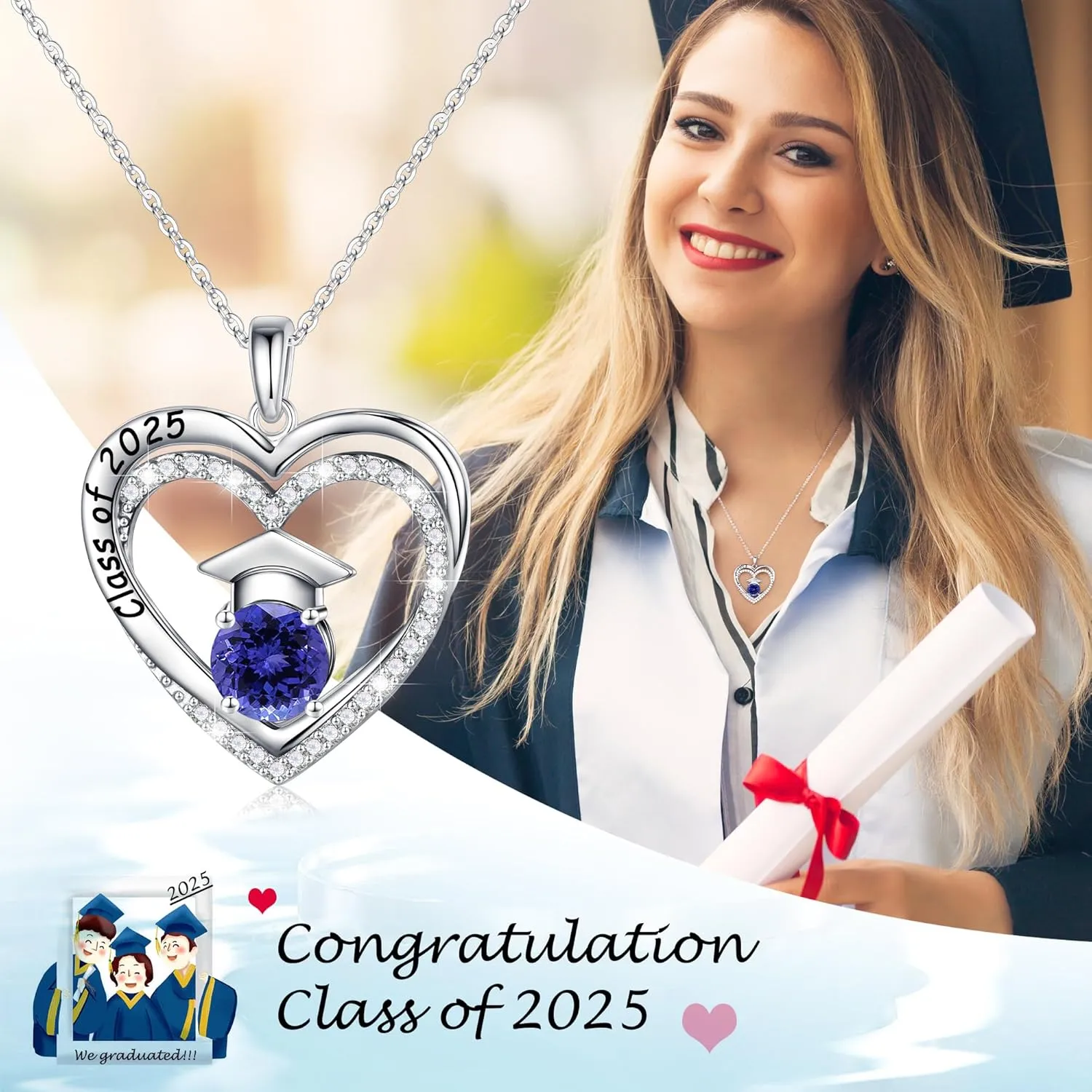 Ursilver Graduation Gifts for Her 2025, S925 Sterling Silver Birthstone Necklace Engraved Class of 2025 Pendant Necklaces College Graduation Gifts for Her