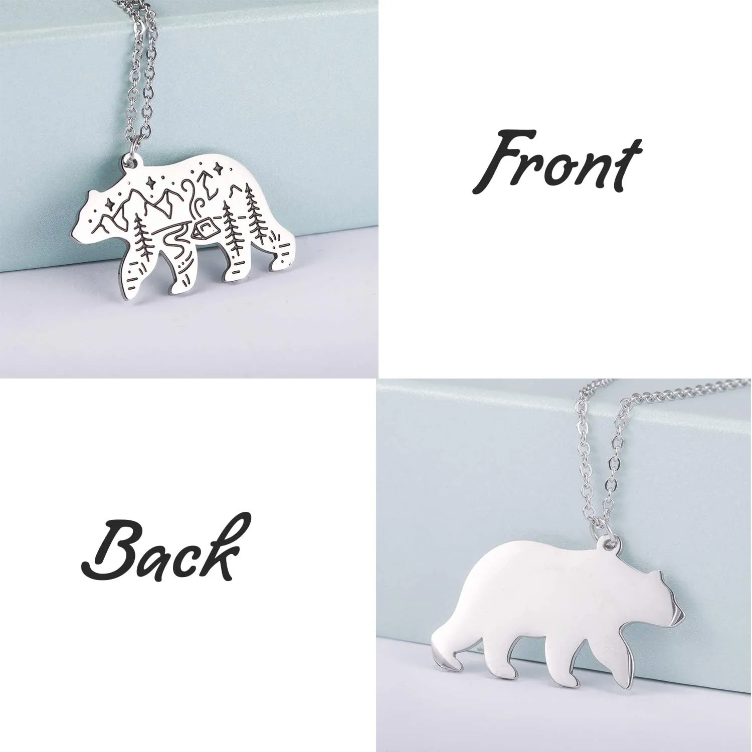 VASSAGO Stainless Steel Cute Polar Bear Necklace Engraved Mountain Forest Star Cabin Nature Animal Pendant