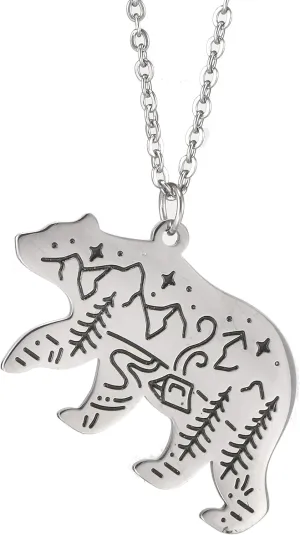 VASSAGO Stainless Steel Cute Polar Bear Necklace Engraved Mountain Forest Star Cabin Nature Animal Pendant