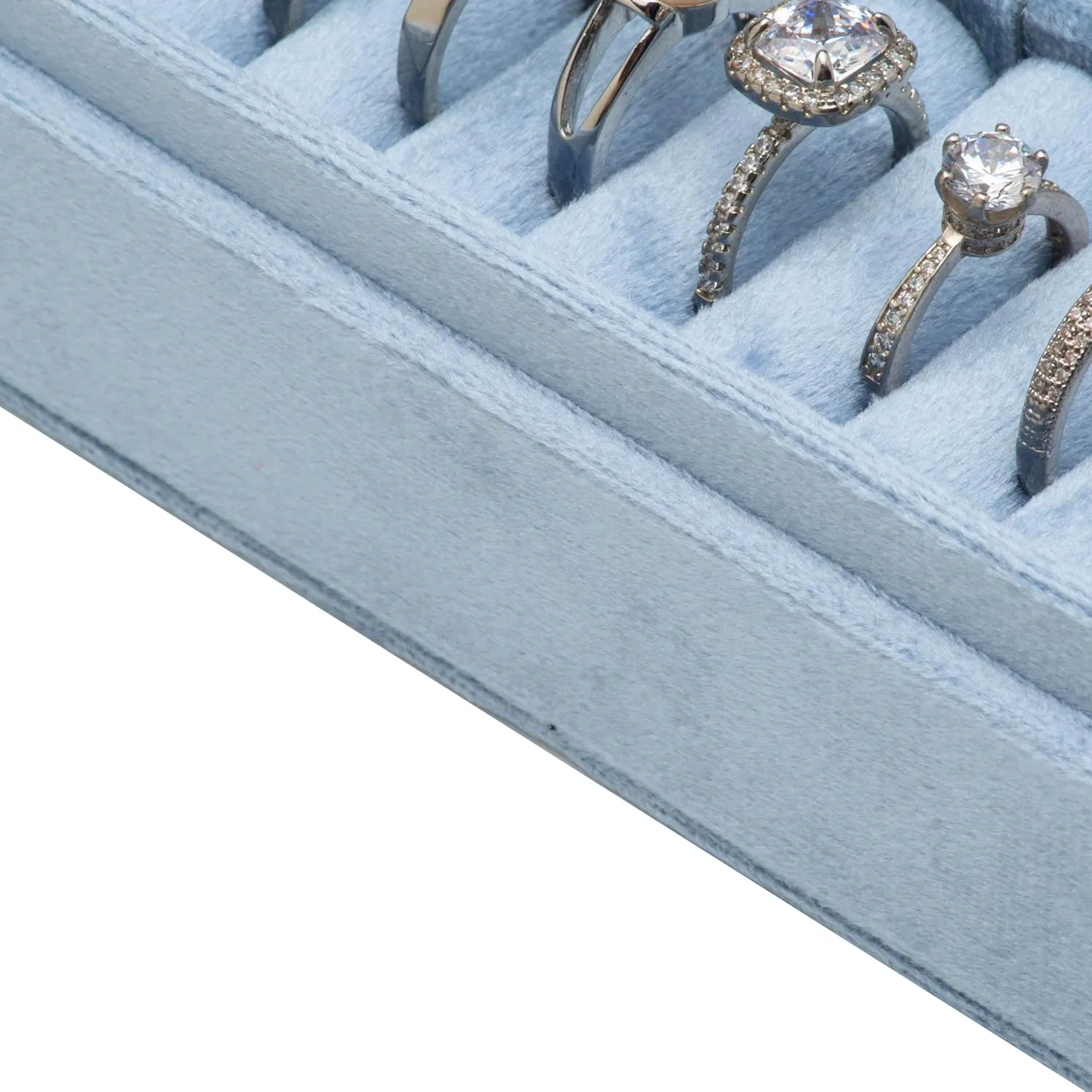 Velvet Small Multiple Ring Box Portable Organizer Display Storage Travel Case Jewelry Earring Holder for Wedding Birthday Christmas Day (Light Ocean Blue)