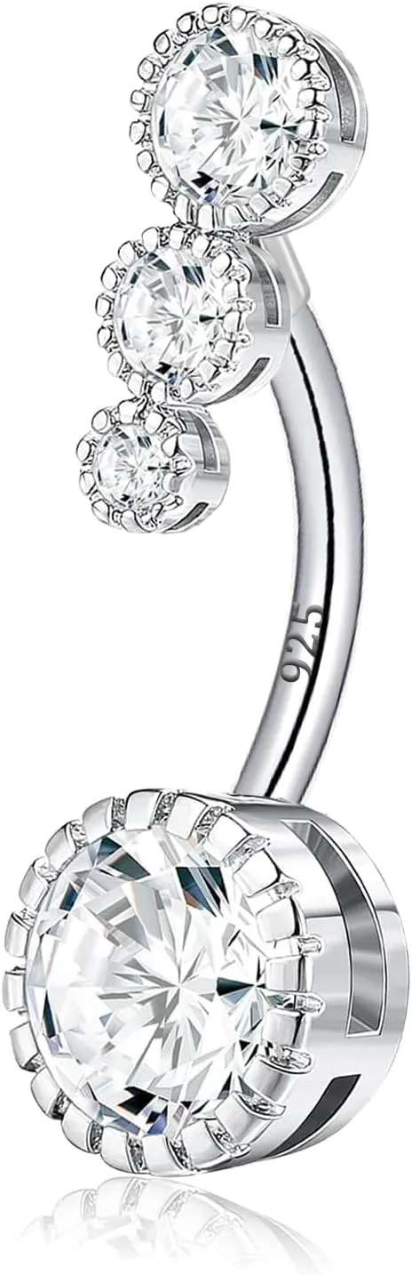 VERAMI 14G 925 Sterling Silver Belly Button Rings For Women 12mm Bar Navel Ring Round Cubic Zirconia Belly Rings Clear CZ Navel Rings Piercing