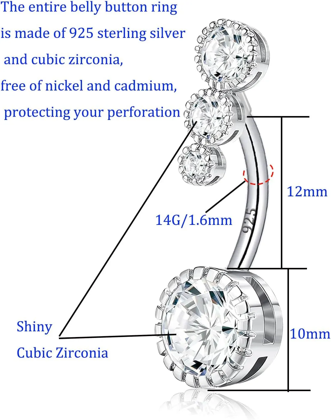 VERAMI 14G 925 Sterling Silver Belly Button Rings For Women 12mm Bar Navel Ring Round Cubic Zirconia Belly Rings Clear CZ Navel Rings Piercing