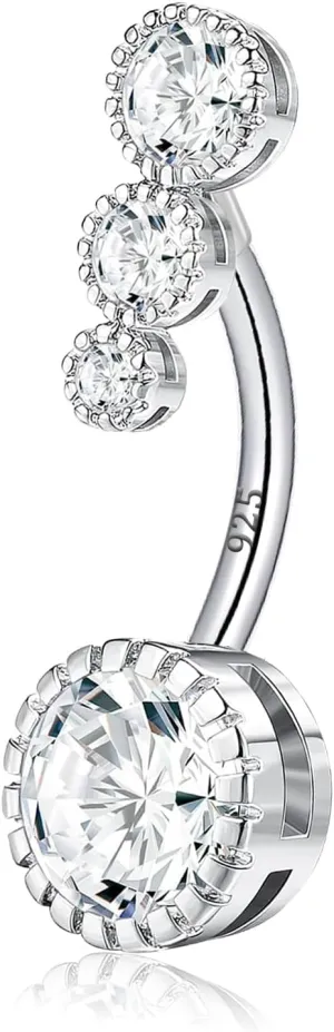 VERAMI 14G 925 Sterling Silver Belly Button Rings For Women 12mm Bar Navel Ring Round Cubic Zirconia Belly Rings Clear CZ Navel Rings Piercing