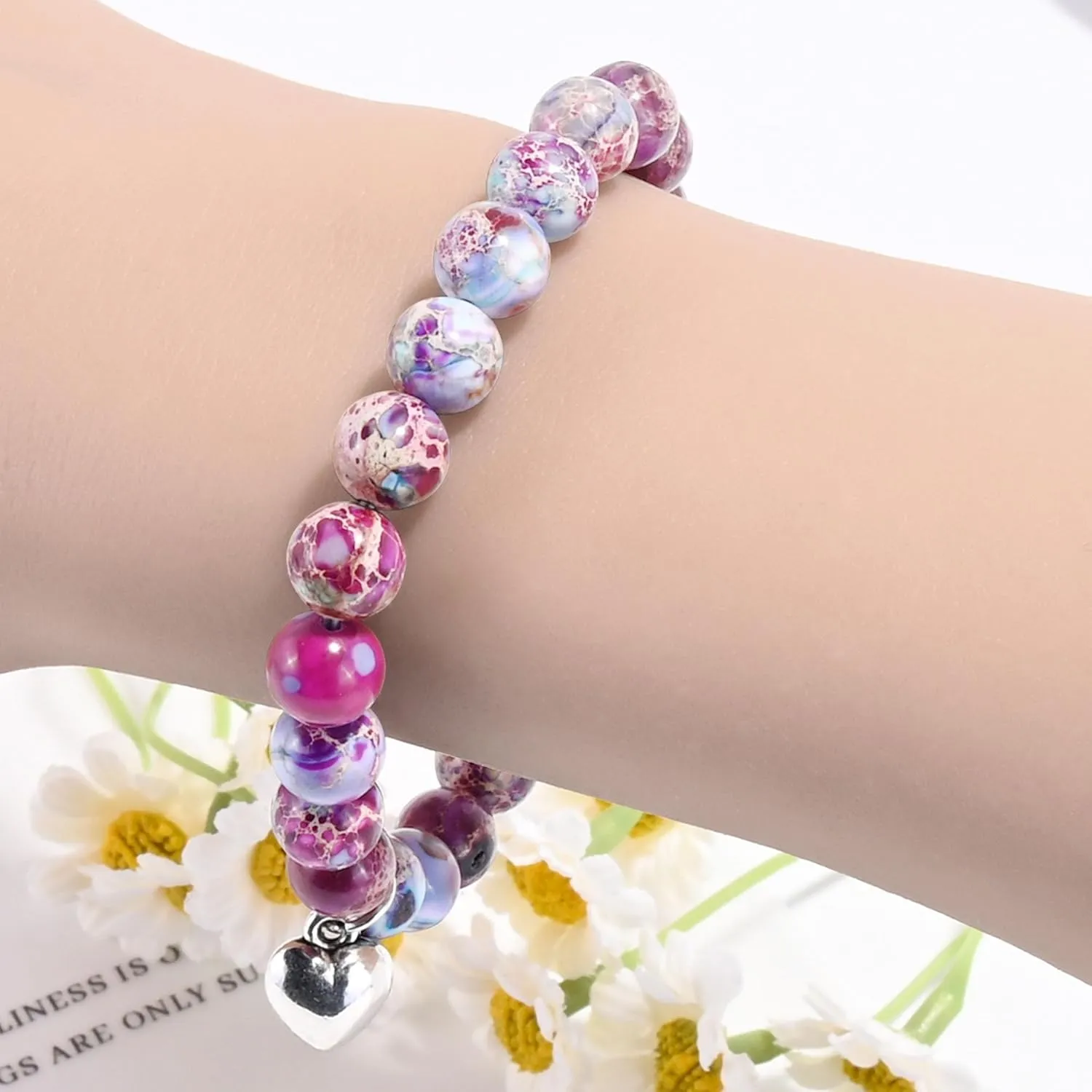 VIBILIA Beaded Bracelets for Women, Inspirational Heart Bracelet for Women, Natural Gemstone Love Bracelets, Trendy Jewelry Gifts for Mom, Daughter, Wife, Sister, Friend Birthday Mother's Day