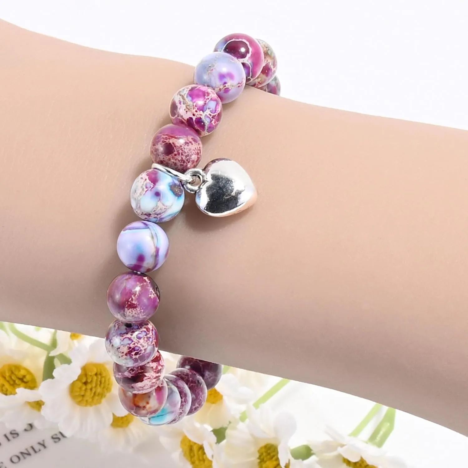 VIBILIA Beaded Bracelets for Women, Inspirational Heart Bracelet for Women, Natural Gemstone Love Bracelets, Trendy Jewelry Gifts for Mom, Daughter, Wife, Sister, Friend Birthday Mother's Day