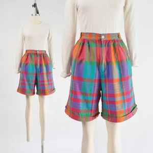 Vintage 80s Colorful Madras Plaid Shorts Cotton High Waisted Pleated Front Bermuda Shorts size XS S
