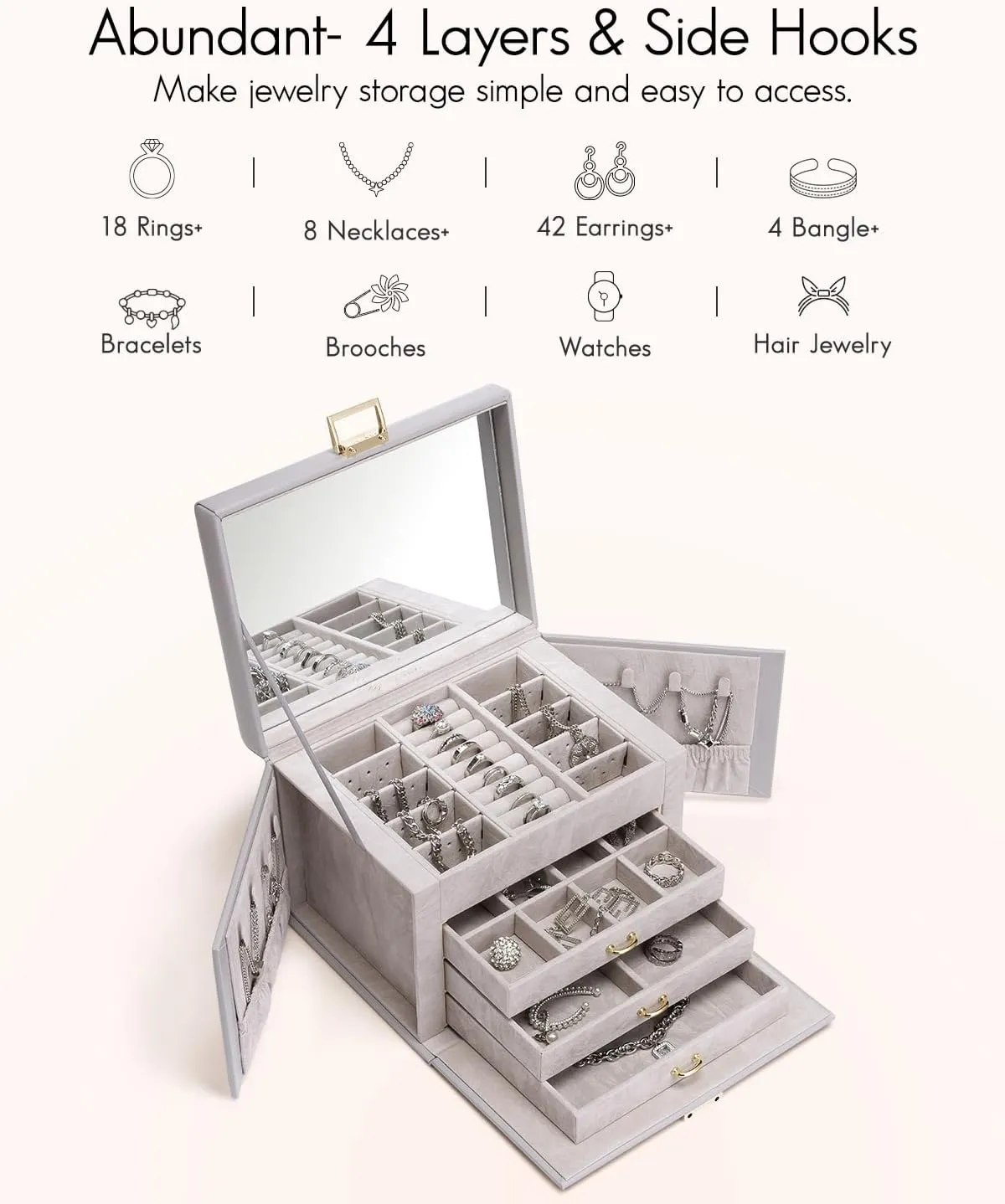 Vlando Jewelry Box 4-Tier,Jewelry Boxes & Organizers with Handle,3 Drawers Travel Jewelry Case with Mirror,Jewelry Storage,Earrings Necklace Rings Christmas Gift for Women Girl Grey