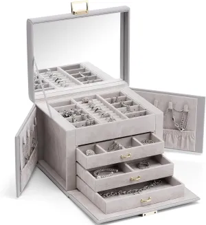 Vlando Jewelry Box 4-Tier,Jewelry Boxes & Organizers with Handle,3 Drawers Travel Jewelry Case with Mirror,Jewelry Storage,Earrings Necklace Rings Christmas Gift for Women Girl Grey