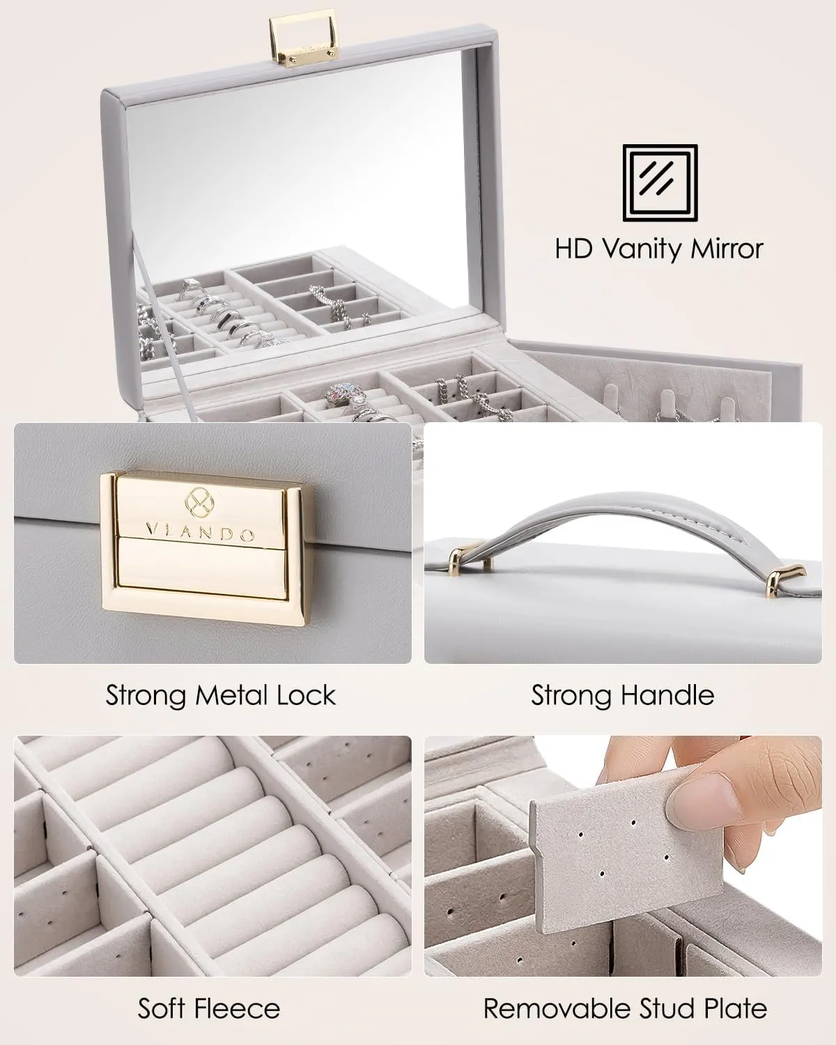Vlando Jewelry Box 4-Tier,Jewelry Boxes & Organizers with Handle,3 Drawers Travel Jewelry Case with Mirror,Jewelry Storage,Earrings Necklace Rings Christmas Gift for Women Girl Grey
