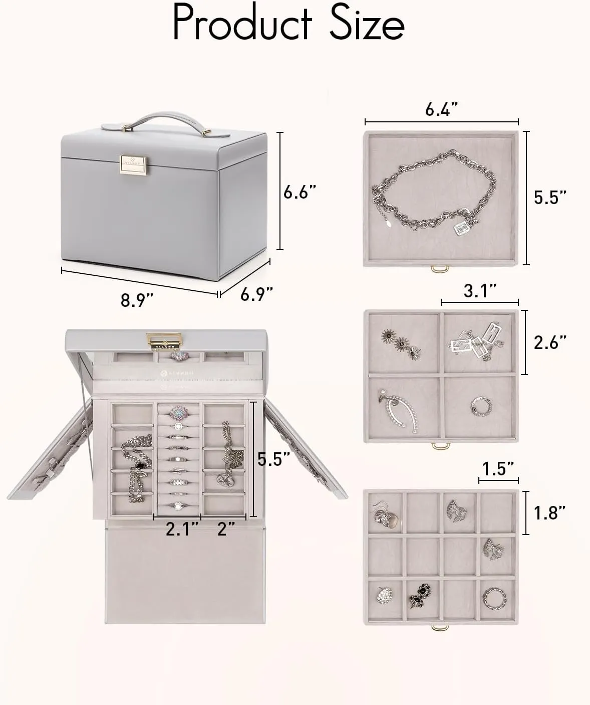 Vlando Jewelry Box 4-Tier,Jewelry Boxes & Organizers with Handle,3 Drawers Travel Jewelry Case with Mirror,Jewelry Storage,Earrings Necklace Rings Christmas Gift for Women Girl Grey