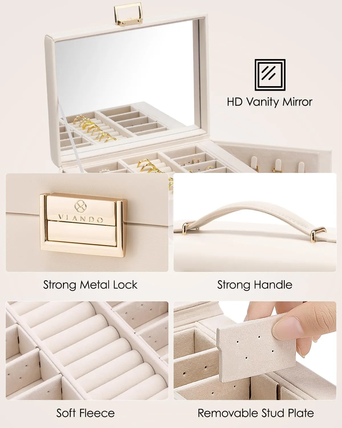 Vlando Jewelry Box 4-Tier,Jewelry Boxes & Organizers with Handle,3 Drawers Travel Jewelry Case with Mirror,Jewelry Storage,Earrings Necklace Rings Valentine Birthday Gift for Women Girl Apricot White