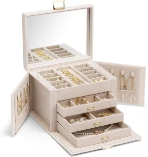 Vlando Jewelry Box 4-Tier,Jewelry Boxes & Organizers with Handle,3 Drawers Travel Jewelry Case with Mirror,Jewelry Storage,Earrings Necklace Rings Valentine Birthday Gift for Women Girl Apricot White