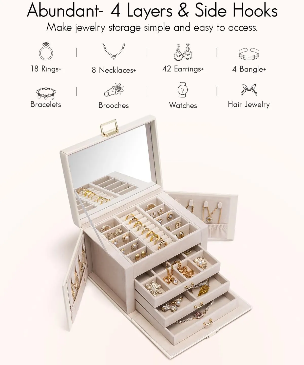Vlando Jewelry Box 4-Tier,Jewelry Boxes & Organizers with Handle,3 Drawers Travel Jewelry Case with Mirror,Jewelry Storage,Earrings Necklace Rings Valentine Birthday Gift for Women Girl Apricot White