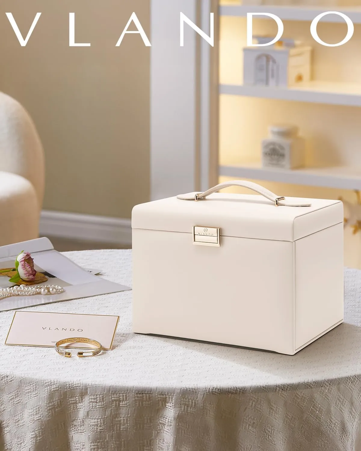 Vlando Jewelry Box 4-Tier,Jewelry Boxes & Organizers with Handle,3 Drawers Travel Jewelry Case with Mirror,Jewelry Storage,Earrings Necklace Rings Valentine Birthday Gift for Women Girl Apricot White