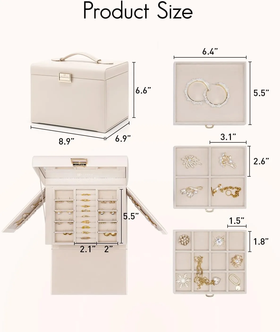 Vlando Jewelry Box 4-Tier,Jewelry Boxes & Organizers with Handle,3 Drawers Travel Jewelry Case with Mirror,Jewelry Storage,Earrings Necklace Rings Valentine Birthday Gift for Women Girl Apricot White