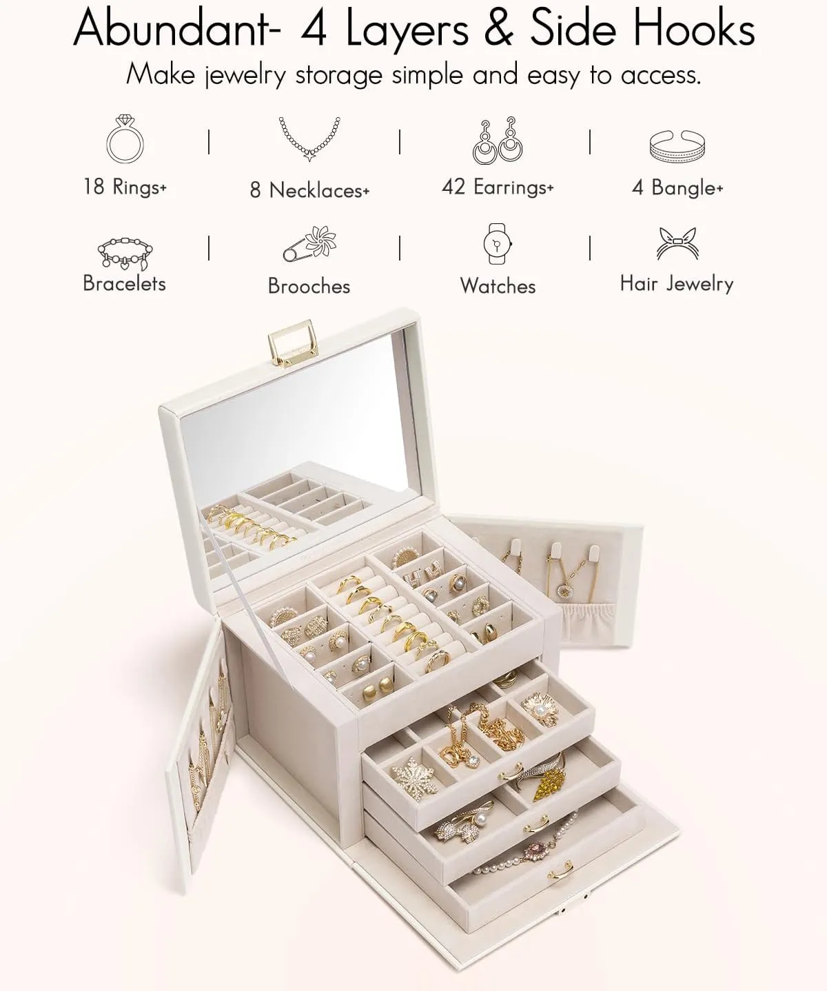 Vlando Jewelry Box 4-Tier,Jewelry Boxes & Organizers with Handle,3 Drawers Travel Jewelry Case with Mirror,Jewelry Storage,Earrings Necklace Rings Valentines Wedding Gift for Women Girl White