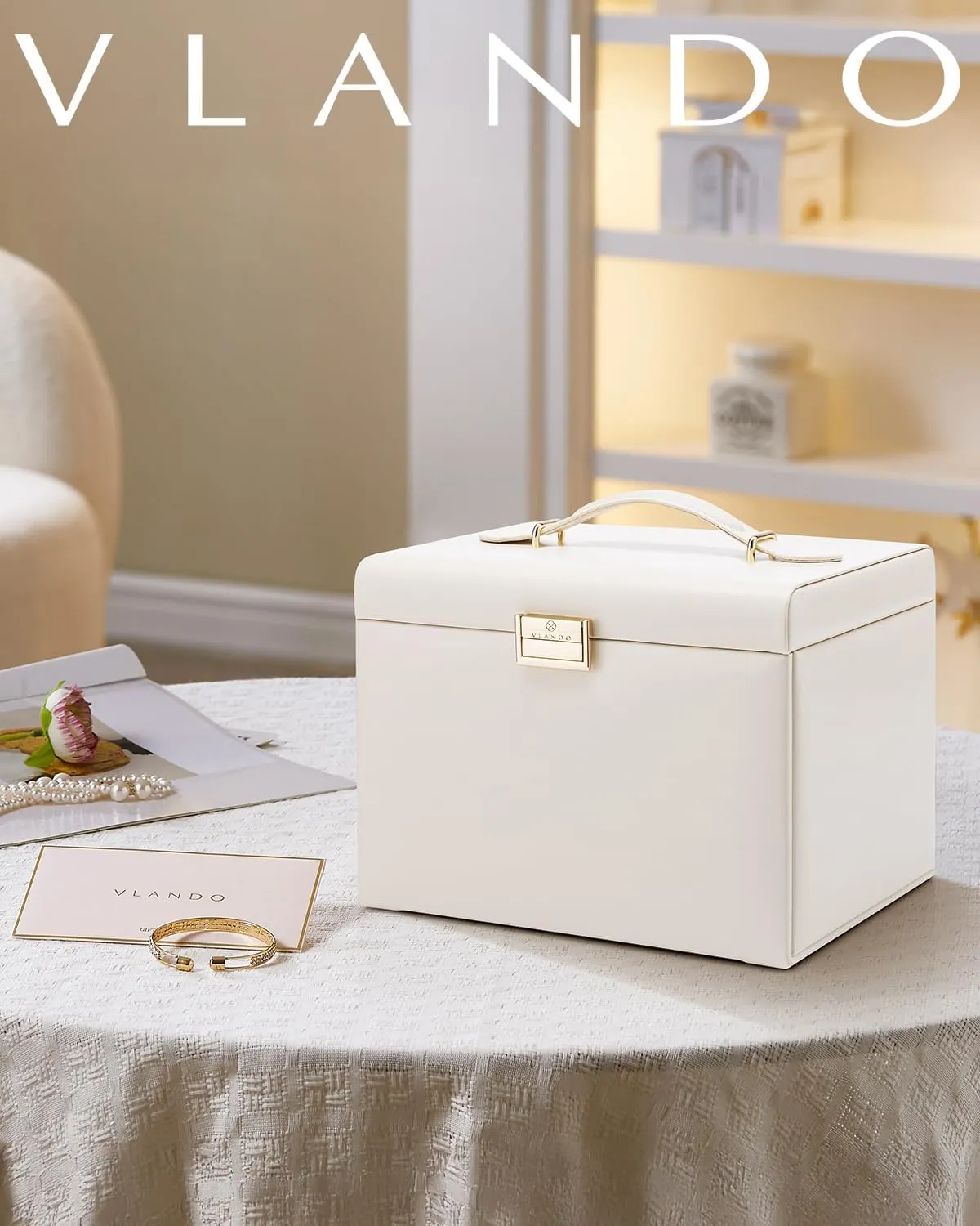 Vlando Jewelry Box 4-Tier,Jewelry Boxes & Organizers with Handle,3 Drawers Travel Jewelry Case with Mirror,Jewelry Storage,Earrings Necklace Rings Valentines Wedding Gift for Women Girl White