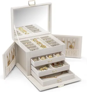 Vlando Jewelry Box 4-Tier,Jewelry Boxes & Organizers with Handle,3 Drawers Travel Jewelry Case with Mirror,Jewelry Storage,Earrings Necklace Rings Valentines Wedding Gift for Women Girl White