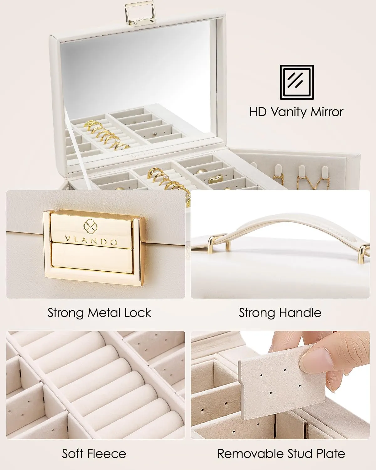 Vlando Jewelry Box 4-Tier,Jewelry Boxes & Organizers with Handle,3 Drawers Travel Jewelry Case with Mirror,Jewelry Storage,Earrings Necklace Rings Valentines Wedding Gift for Women Girl White