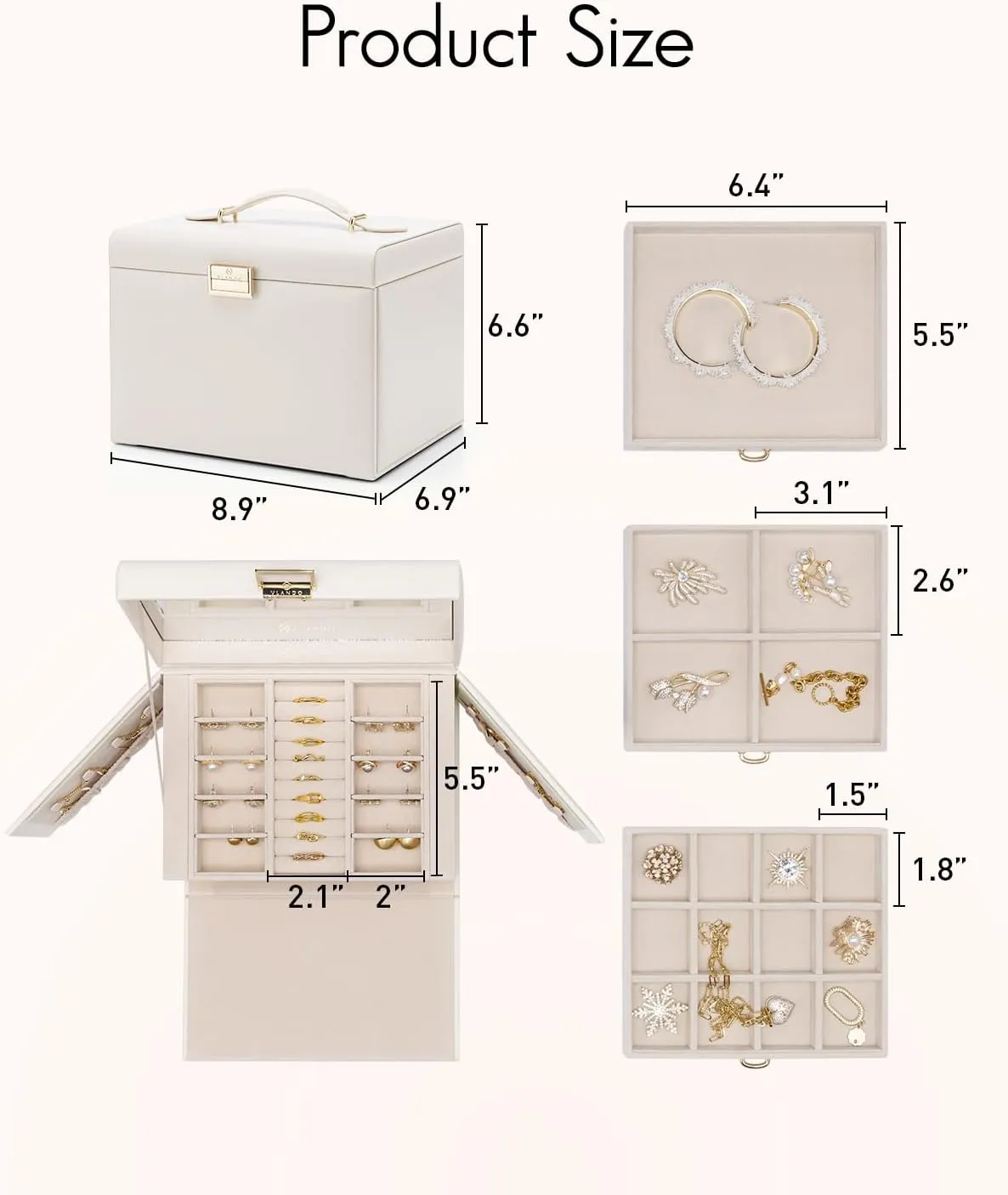 Vlando Jewelry Box 4-Tier,Jewelry Boxes & Organizers with Handle,3 Drawers Travel Jewelry Case with Mirror,Jewelry Storage,Earrings Necklace Rings Valentines Wedding Gift for Women Girl White