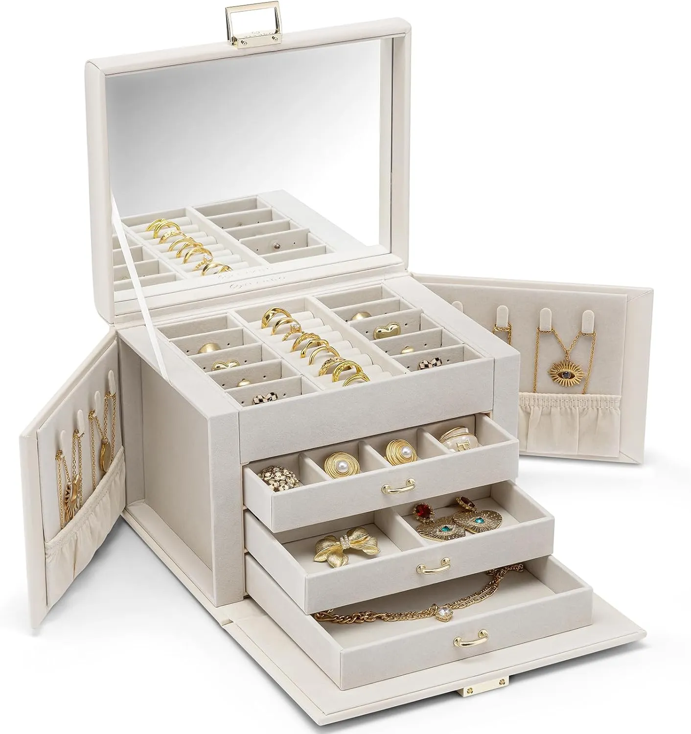 Vlando Jewelry Box 4-Tier,Jewelry Boxes & Organizers with Handle,3 Drawers Travel Jewelry Case with Mirror,Jewelry Storage,Earrings Necklace Rings Valentines Wedding Gift for Women Girl White