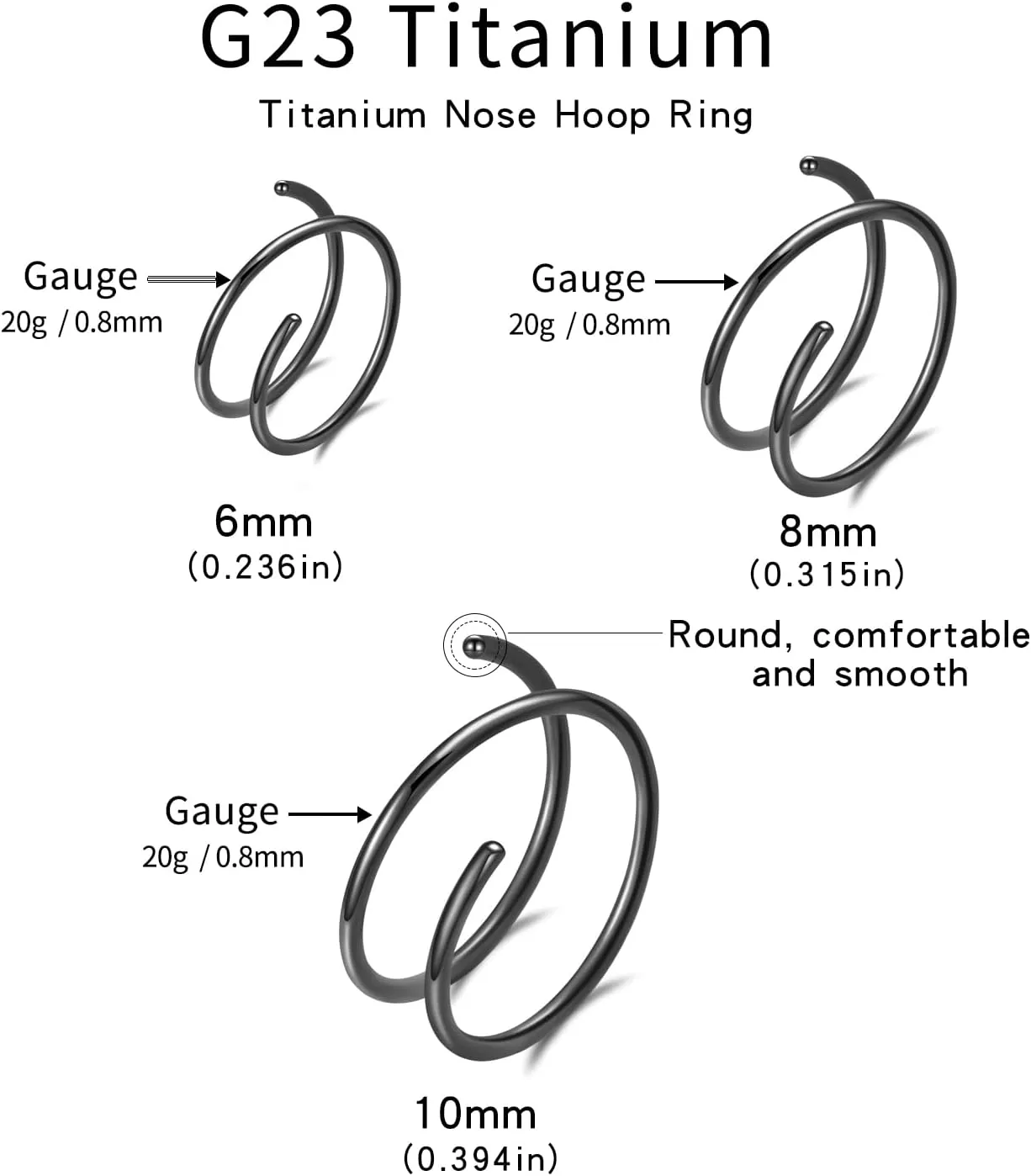 VOJO G23 Titanium Spiral Double Hoop Nose Rings 20G 6/8/10mm Hypoallergenic Thin Piercing Jewelry for Women Men