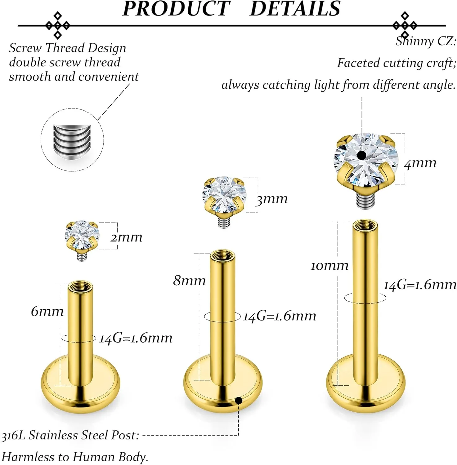 Vsnnsns 14G Lip Rings Stainless Steel Tragus Helix Conch Piercing Jewelry Snake Bite Piercing Monroe Lip Rings Labret Medusa Cartilage Lobe Earrings Piercing Jewelry Cubic Zirconia 2MM 3MM 4MM