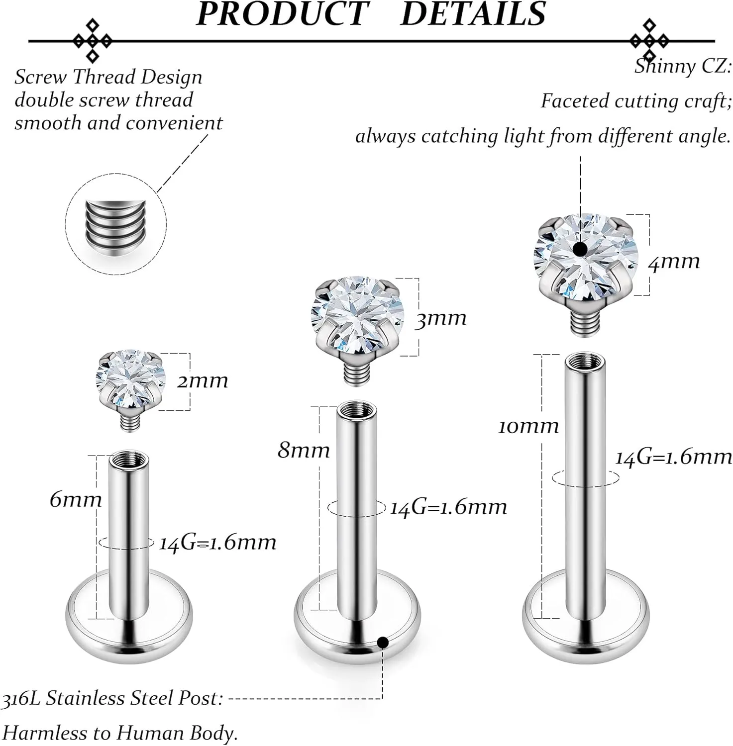 Vsnnsns 14G Lip Rings Stainless Steel Tragus Helix Conch Piercing Jewelry Snake Bite Piercing Monroe Lip Rings Labret Medusa Cartilage Lobe Earrings Piercing Jewelry Cubic Zirconia 2MM 3MM 4MM