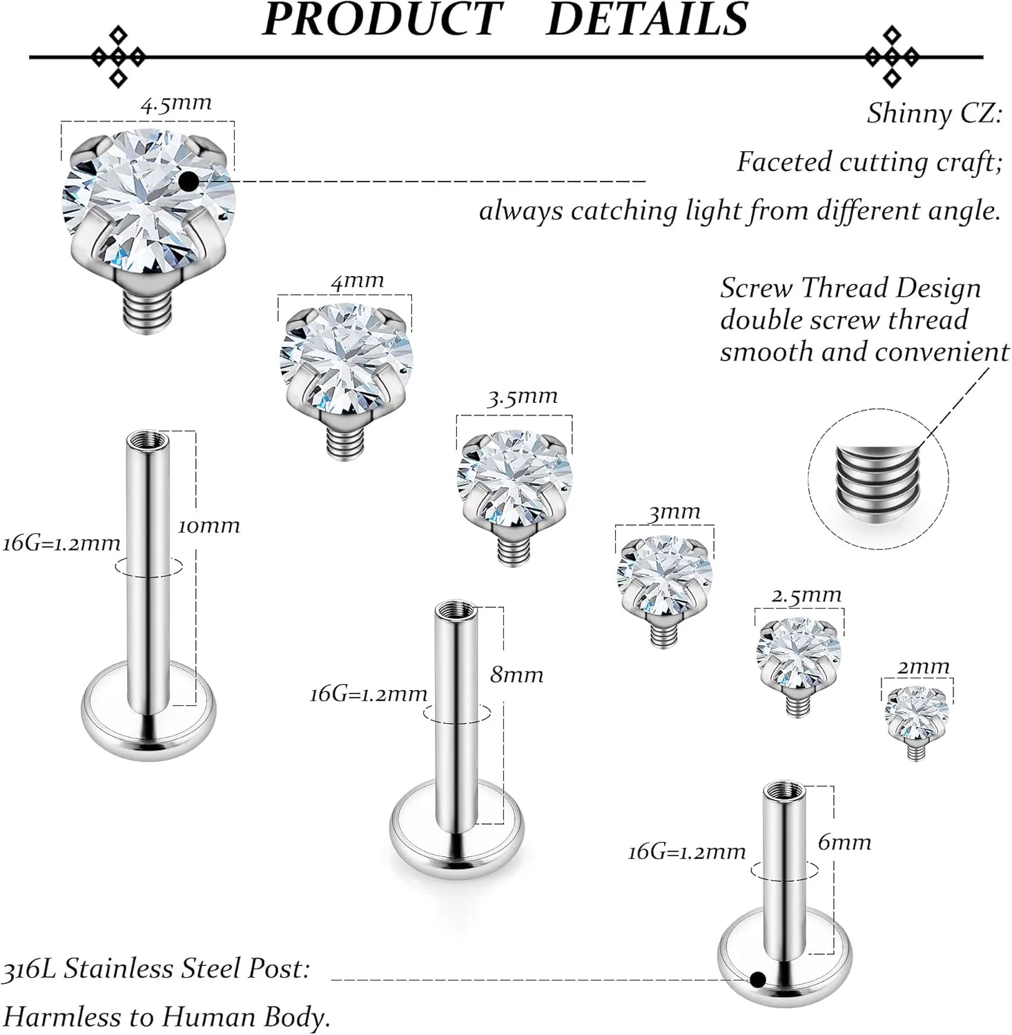 Vsnnsns 16G Lip Rings Stainless Steel Tragus Helix Conch Piercing Jewelry Snake Bite Piercing Monroe Lip Rings Labret Medusa Cartilage Lobe Earrings Piercing Jewelry CZ 2MM 2.5MM 3MM 3.5MM 4MM 4.5MM