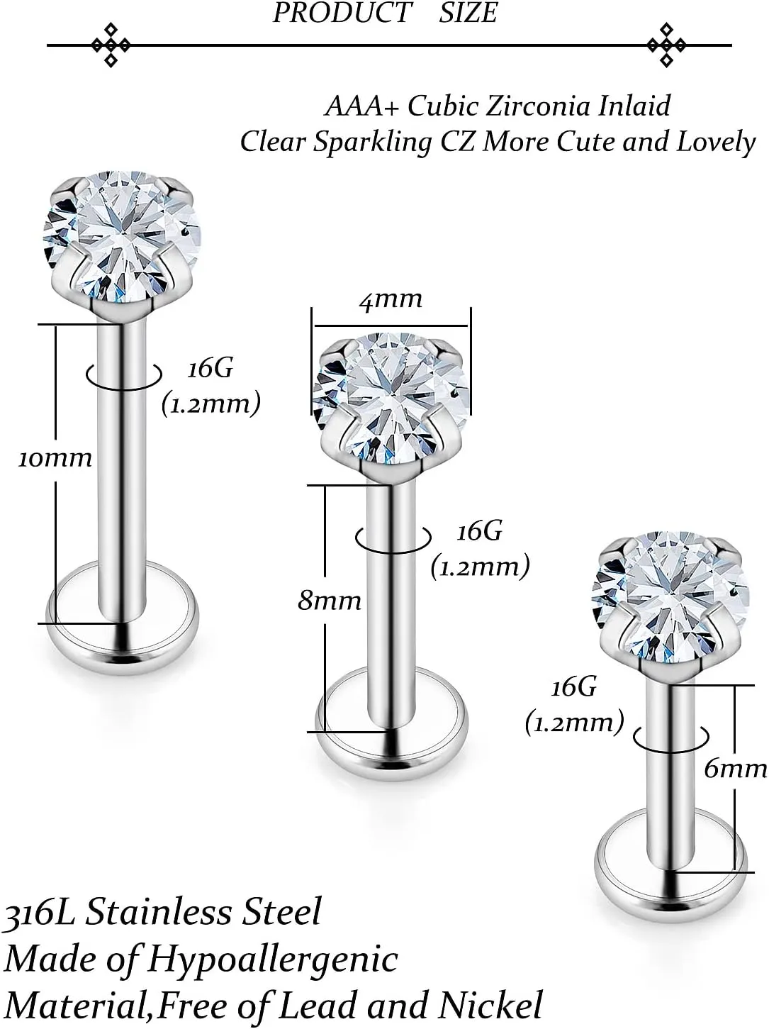 Vsnnsns 16G Lip Rings Stainless Steel Tragus Helix Conch Piercing Jewelry Snake Bite Piercing Monroe Lip Rings Labret Medusa Cartilage Lobe Earrings Studs Piercing Jewelry 6MM 8MM 10MM Silver 18PCS
