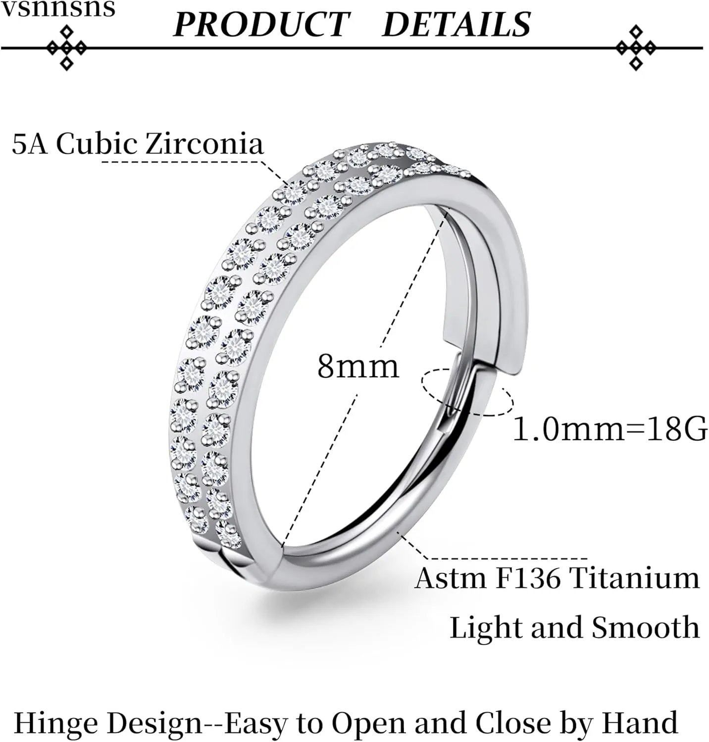 Vsnnsns Astm F136 Titanium Nose Rings Hoops 20G 18G 16G Tragus Daith Rook Helix Cartilage Conch Earrings Hoops Septum Nose Rings Snake Bite Lip Rings Labret Piercing Jewelry Hoops For Women Men