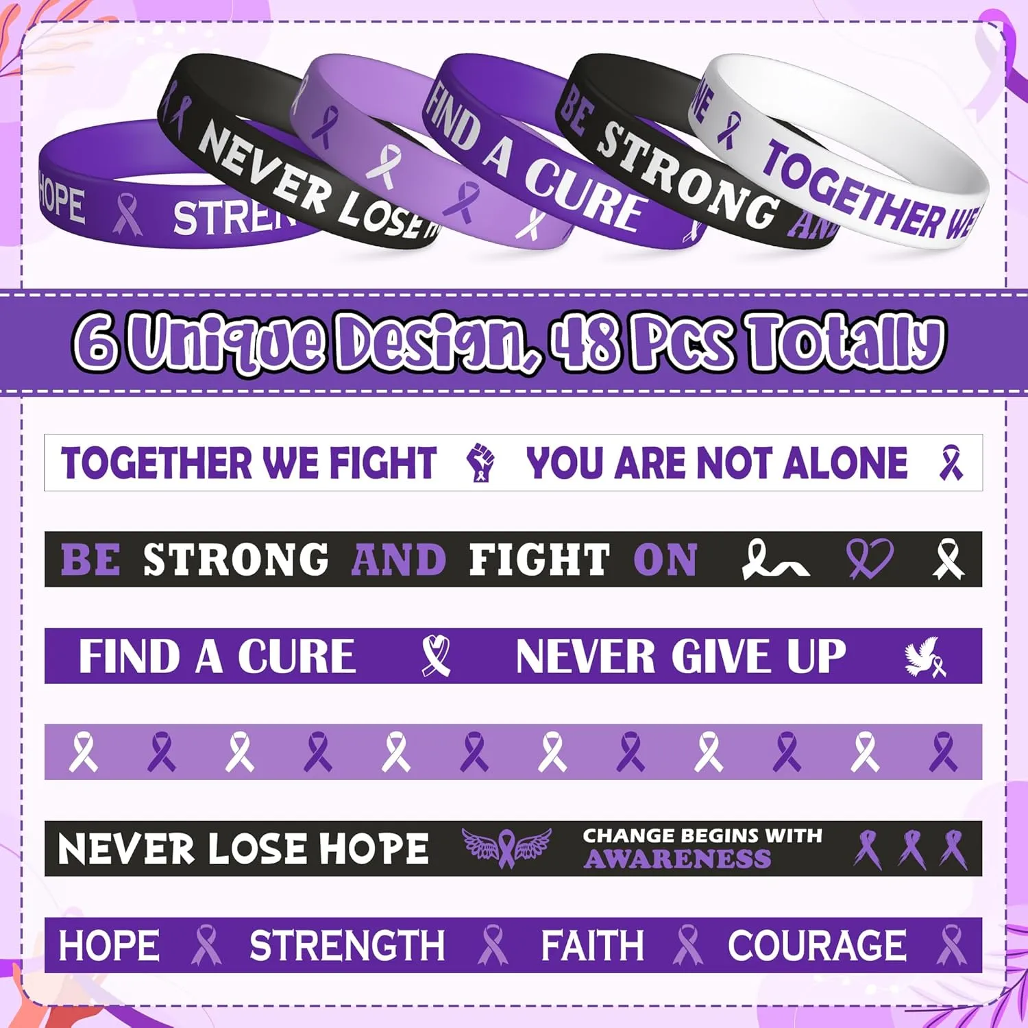 WATINC Purple Ribbon Awareness Silicone Bracelets Set, Hope Faith Stretch Wristband,Motivational Rubber Bracelet for Domestic Violence Animal Abuse Lupus Epilepsy Pancreatic Cancer Alzheimer (48Pcs)