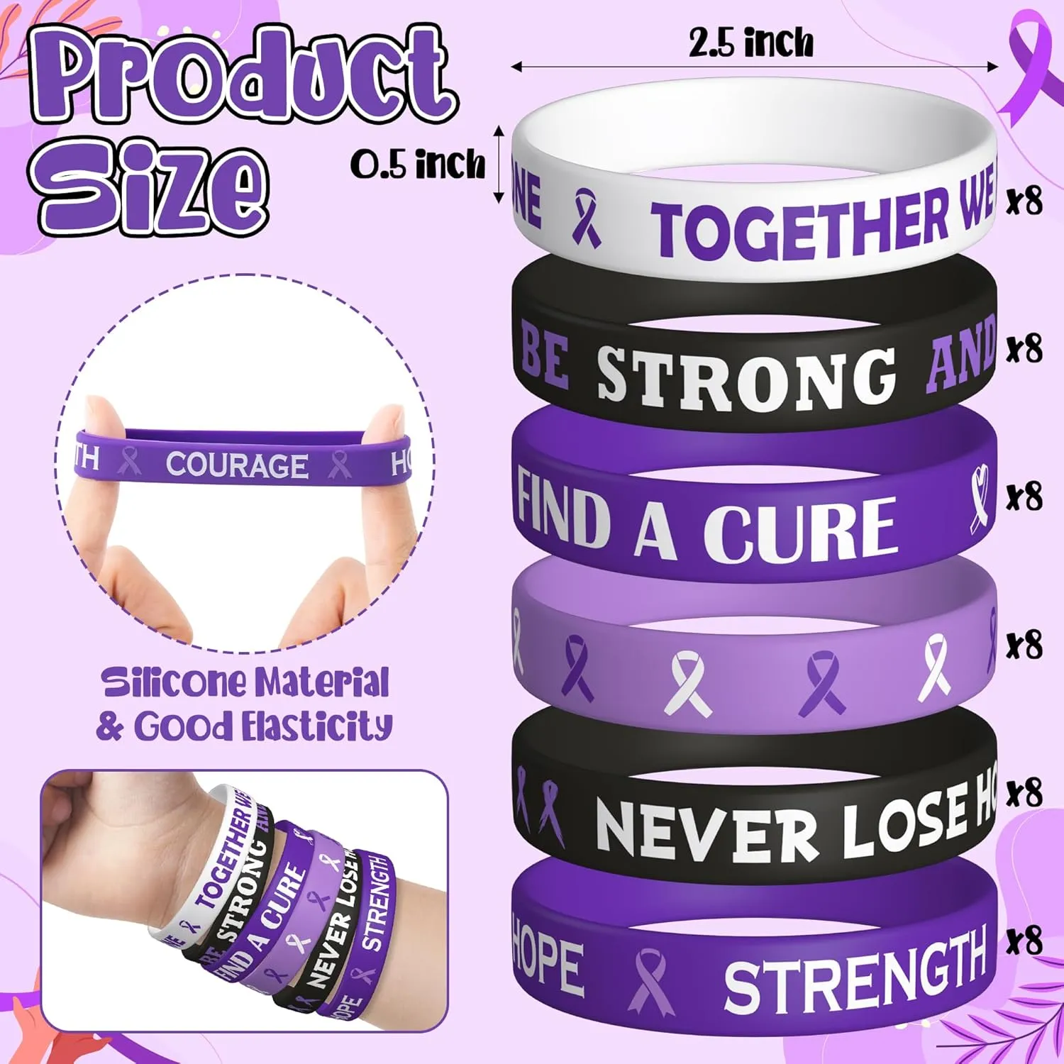 WATINC Purple Ribbon Awareness Silicone Bracelets Set, Hope Faith Stretch Wristband,Motivational Rubber Bracelet for Domestic Violence Animal Abuse Lupus Epilepsy Pancreatic Cancer Alzheimer (48Pcs)