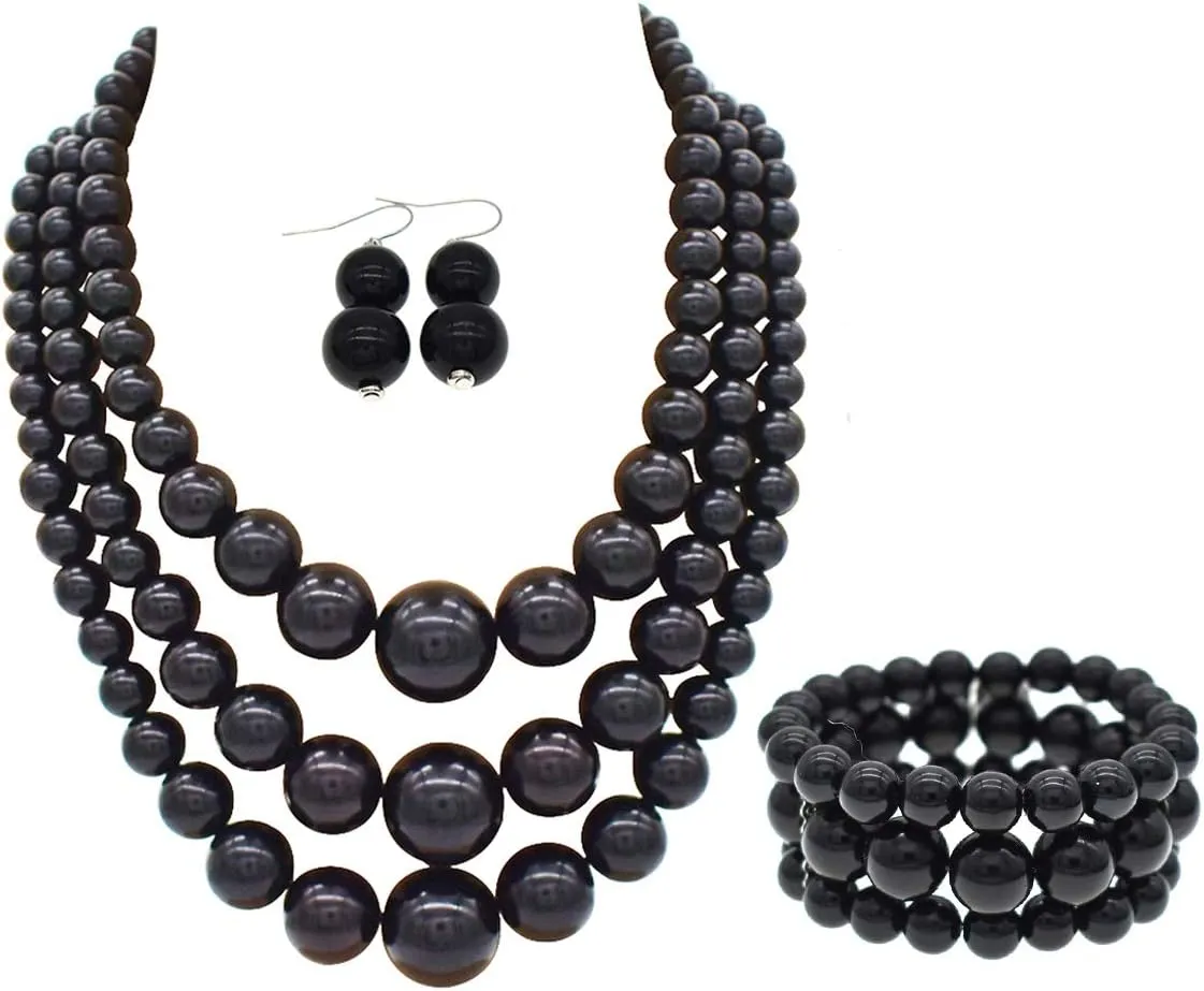 We We Imitation Pearl Necklace for Women Large Chunky Pearl Necklaces Multilayer Pearl Necklace and Earring 1920s Costume Jewelry set