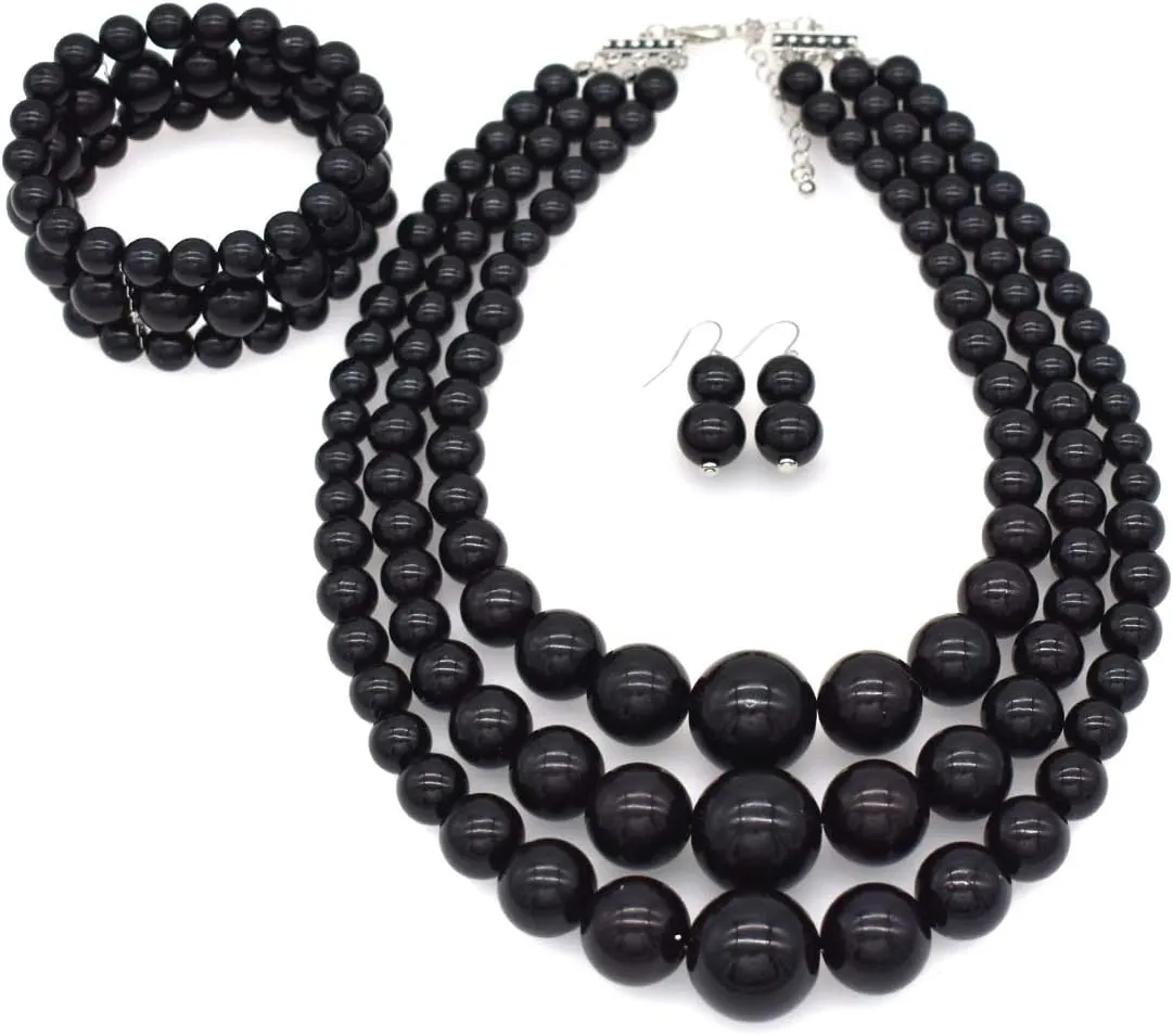 We We Imitation Pearl Necklace for Women Large Chunky Pearl Necklaces Multilayer Pearl Necklace and Earring 1920s Costume Jewelry set