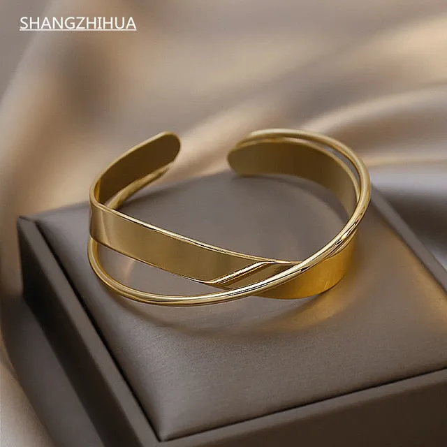 White Shellfish Board Bend Metal Geometric Overlap Acetic Resin Open Bangle